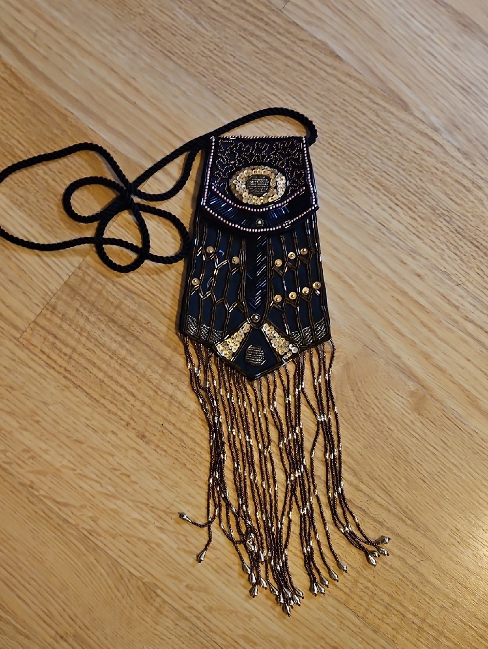 Vintage Black and Gold Beaded Fringe Crossbody Bag